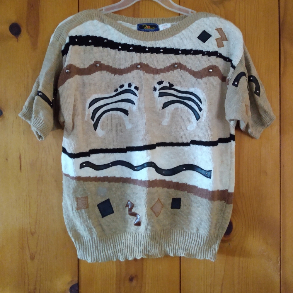 Vintage Tribal Motif Knit Boat Neck Sweater with Metallic Bead Detail